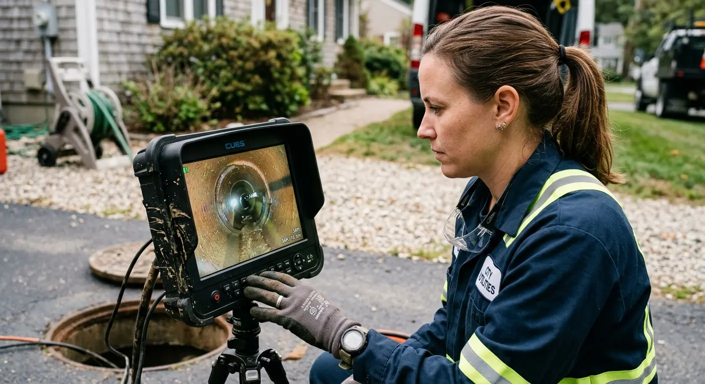 Technician reviewing sewer camera inspection footage in Ventnor City