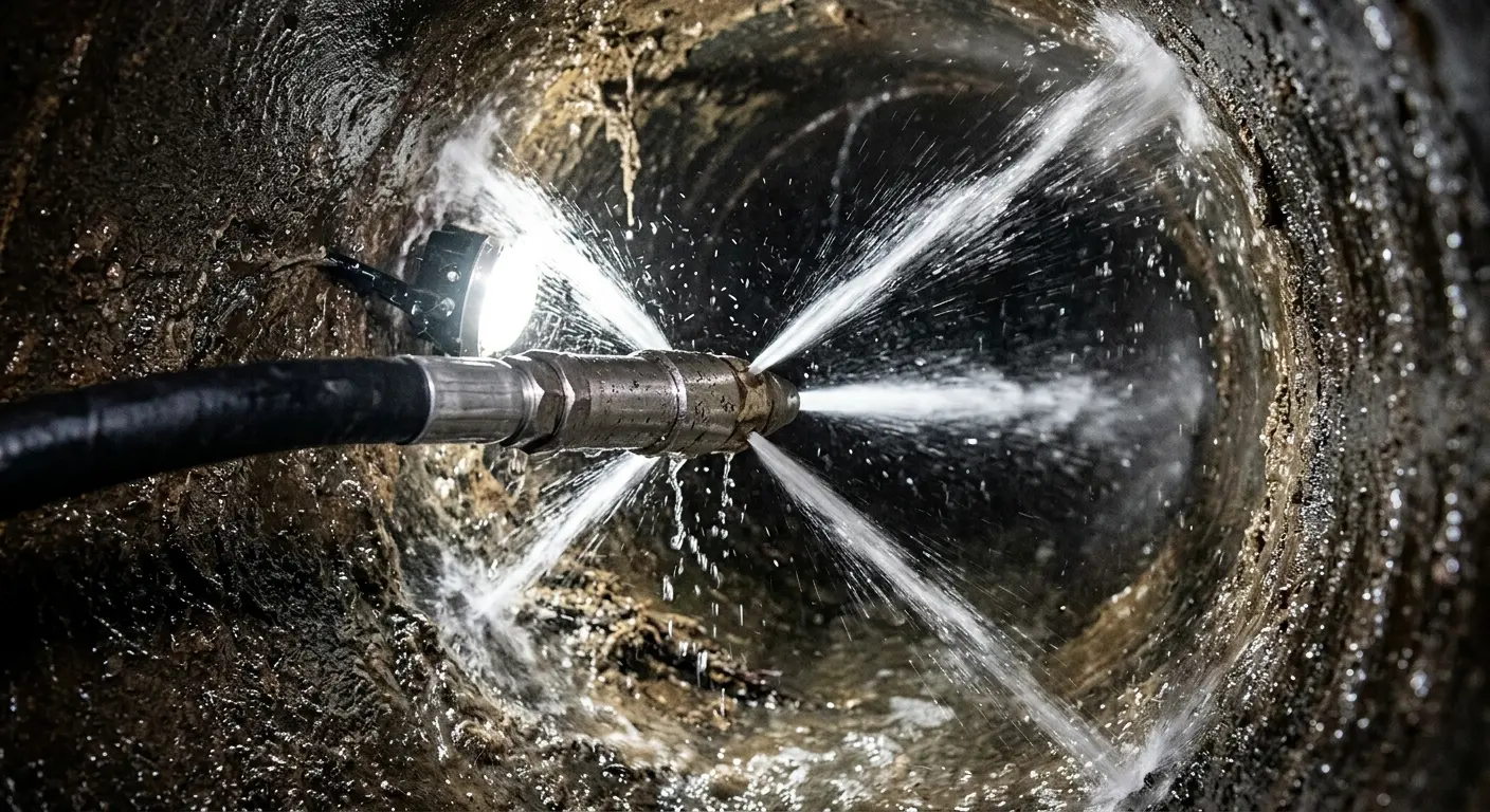 High-pressure hydro jetting nozzle cleaning sewer pipe for Trenchless Sewer Repair in Ventnor City