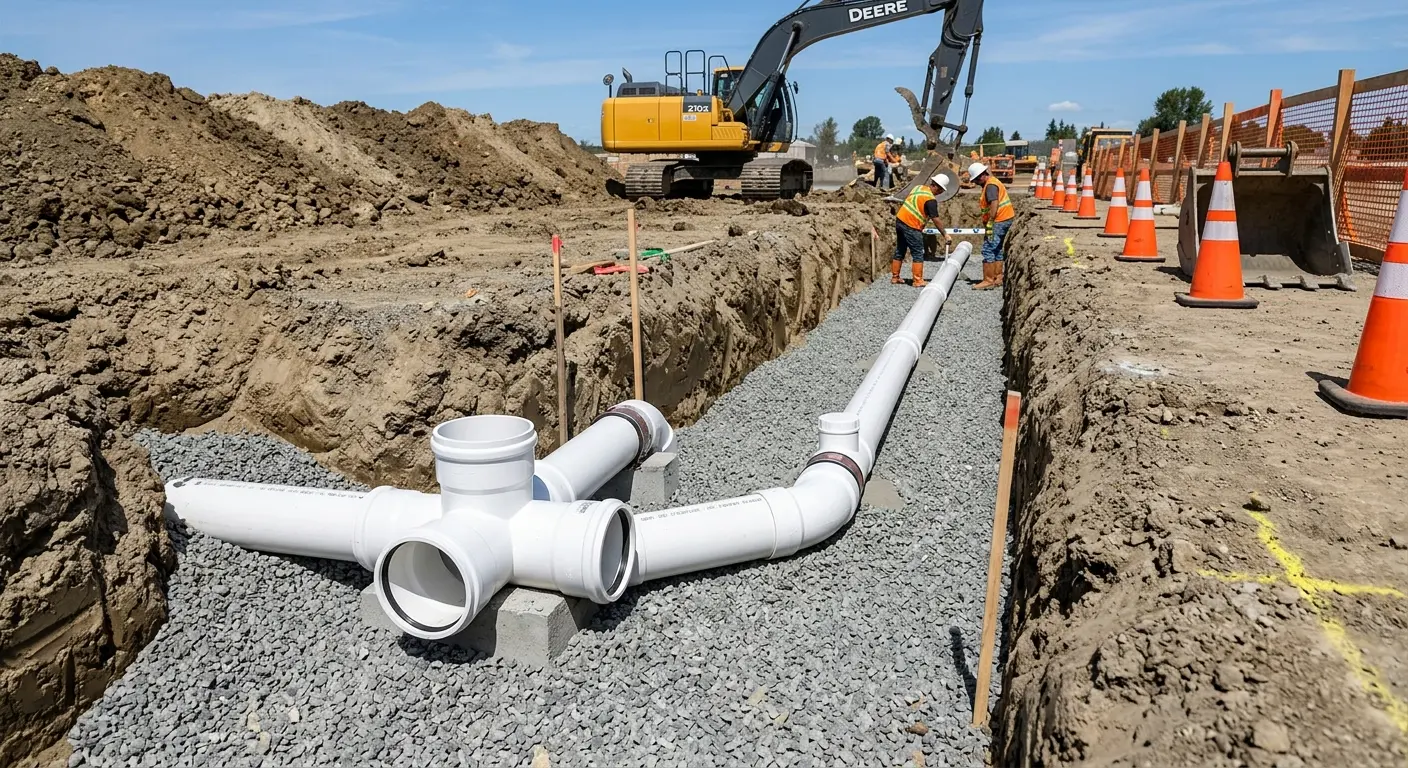 New PVC sewer pipe installation in open trench for Commercial Drain Cleaning in Ventnor City