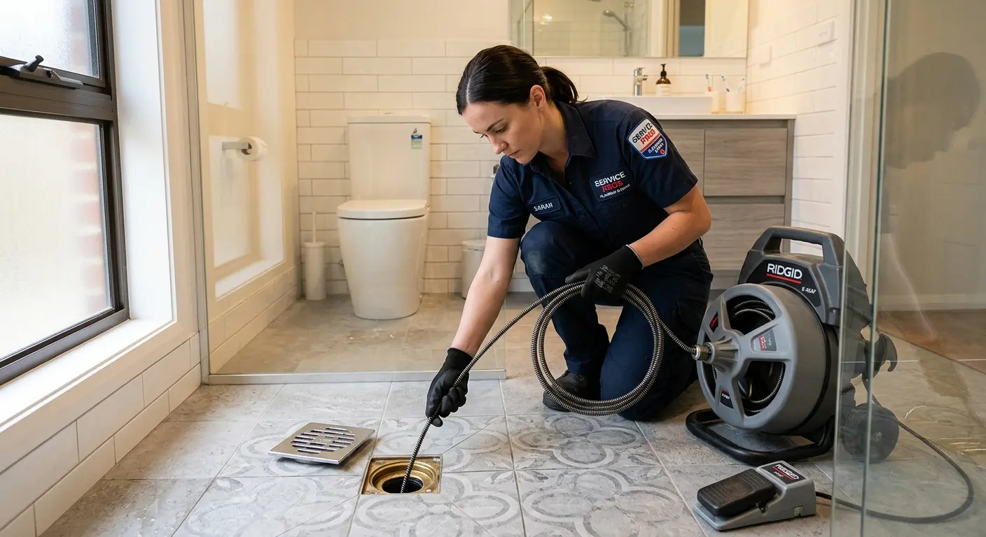 Technician clearing a bathroom floor drain for Clogged Drain Repair in Ventnor City